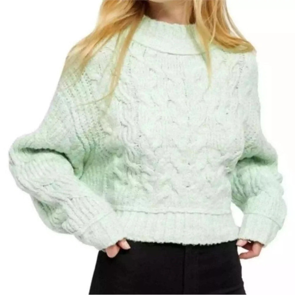 Free People Cable Knit Turtleneck Crop Sweater Mint  Green XS Merry Go Round - Picture 4 of 10